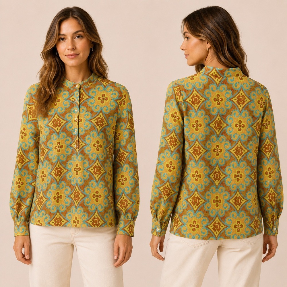 70s Mod Geometric Print Blouse Mandarin Collar Boho M Retro Art Deco Eclectic
